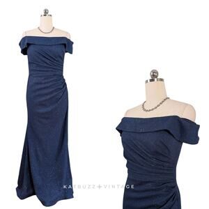 Oleg Cassini Evening Gown Maxi Dress 12 Blue Classic Mother Tie Off Shoulder